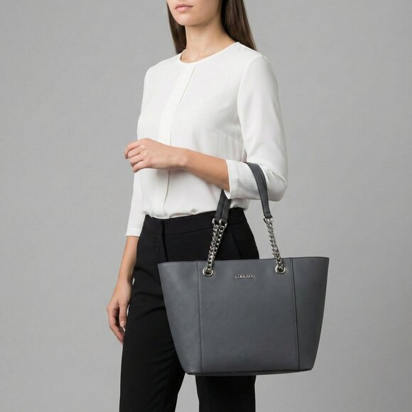 Calvin Klein Black Leather Tote Bag With Chain Straps & Magnetic Closures - Picture 3 of 10